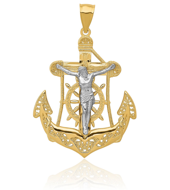 14K Solid Two Tone Gold Anchor Mariner Holy Cross Necklace Religious Chain Pendant Jesus Christ Nautical Charm