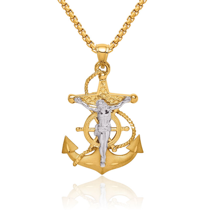 14K Solid Two Tone Gold Anchor Mariner Holy Cross Necklace Religious Chain Pendant Jesus Christ Nautical Charm