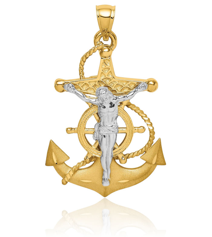 14K Solid Two Tone Gold Anchor Mariner Holy Cross Necklace Religious Chain Pendant Jesus Christ Nautical Charm