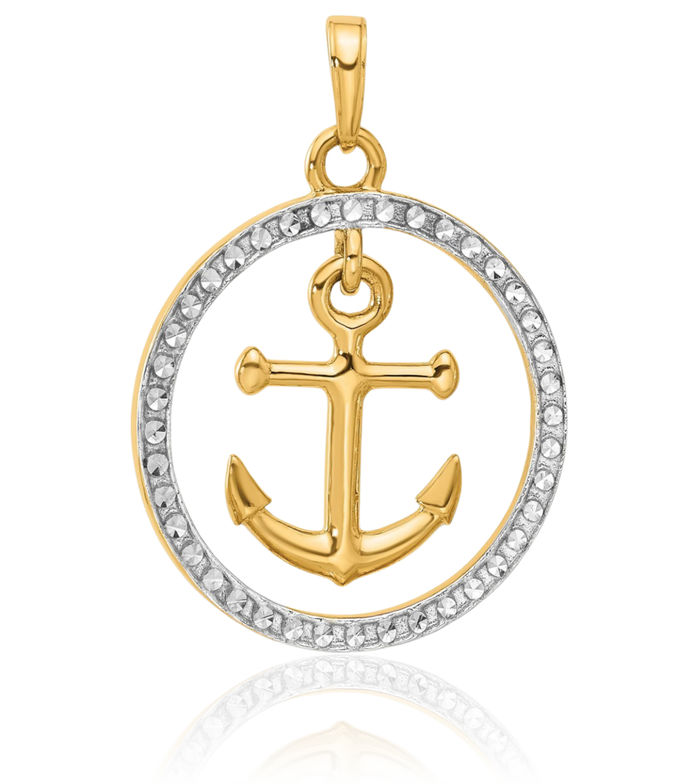 14K Solid Two Tone Yellow White Gold Anchor Mariner Dangling Circle Round Necklace Nautical Charm Pendant