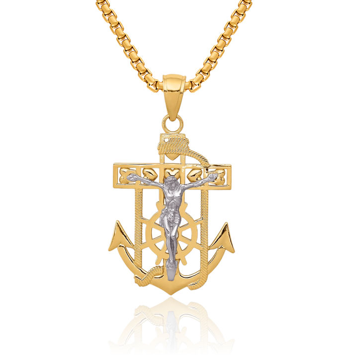 14K Solid Two Tone Gold Anchor Mariner Lord Jesus Christ Crucifix Holy Cross Necklace Religious Chain Pendant Nautical Charm