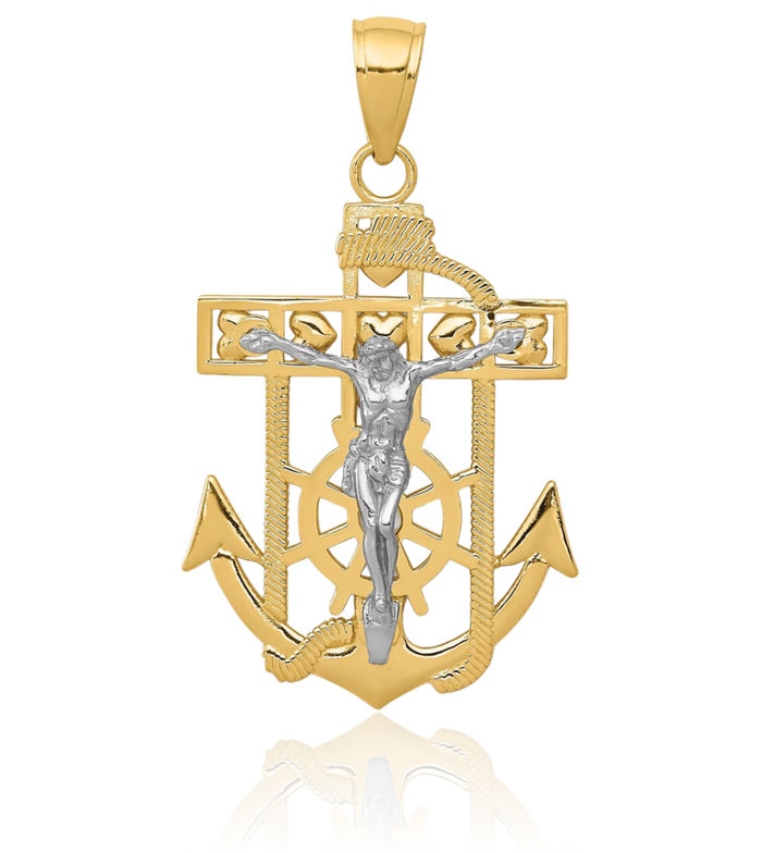 14K Solid Two Tone Gold Anchor Mariner Lord Jesus Christ Crucifix Holy Cross Necklace Religious Chain Pendant Nautical Charm