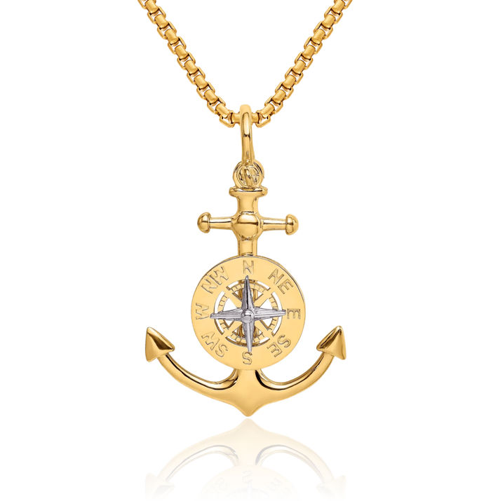 14K Solid Two Tone Gold Anchor Mariner North Star Compass Needle Necklace Nautical Charm Pendant