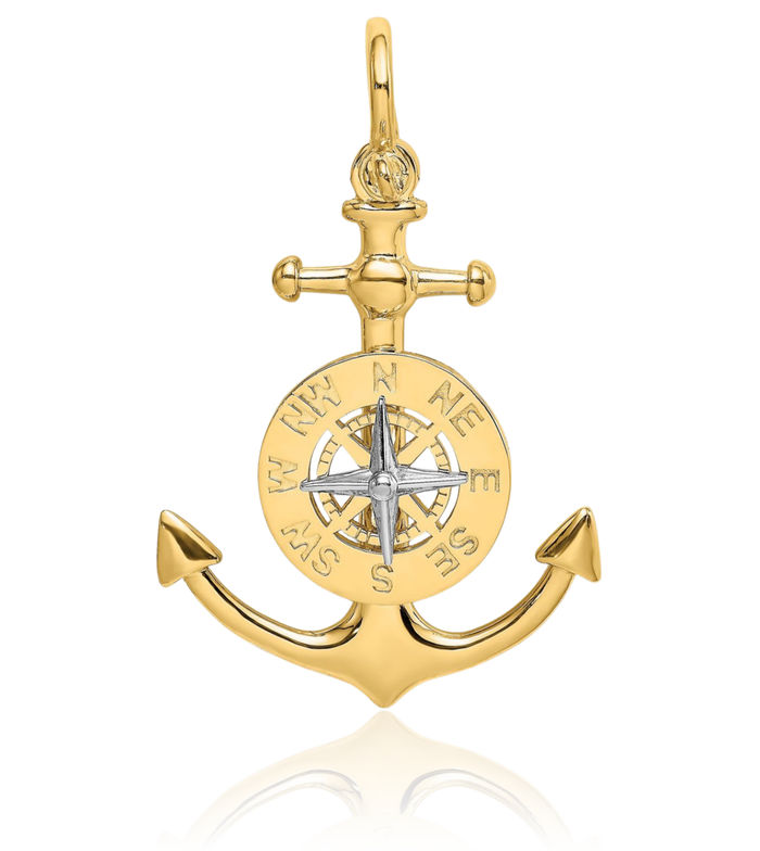 14K Solid Two Tone Gold Anchor Mariner North Star Compass Needle Necklace Nautical Charm Pendant