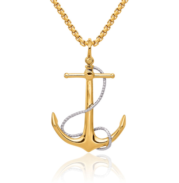 14K Solid Two Tone Gold Anchor Mariner Rope Necklace Nautical Charm Pendant