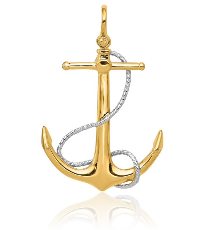 14K Solid Two Tone Gold Anchor Mariner Rope Necklace Nautical Charm Pendant