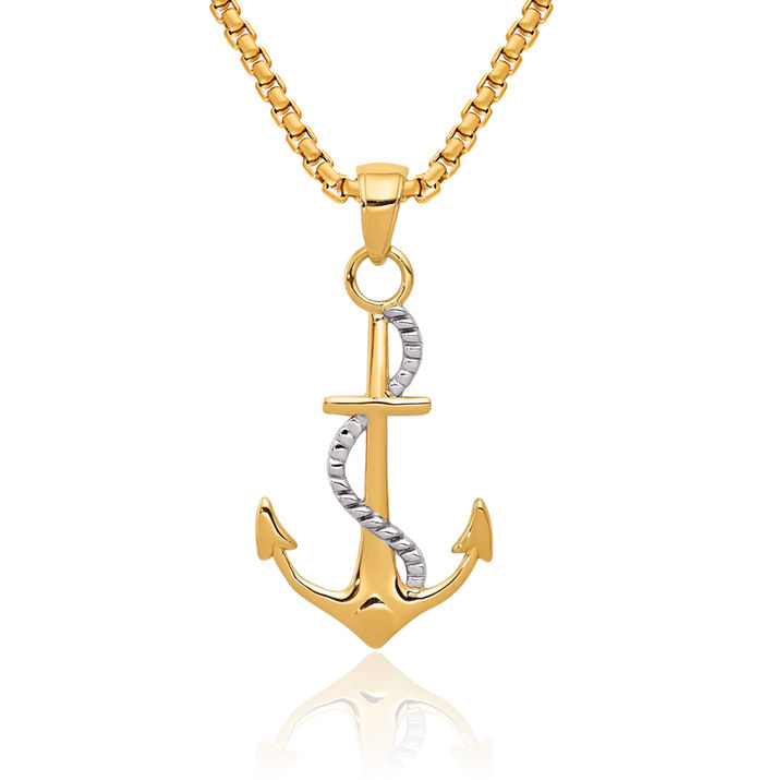 14K Solid Two Tone Gold Anchor Mariner Rope Necklace Nautical Charm Pendant