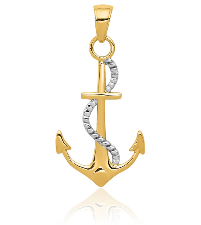 14K Solid Two Tone Gold Anchor Mariner Rope Necklace Nautical Charm Pendant