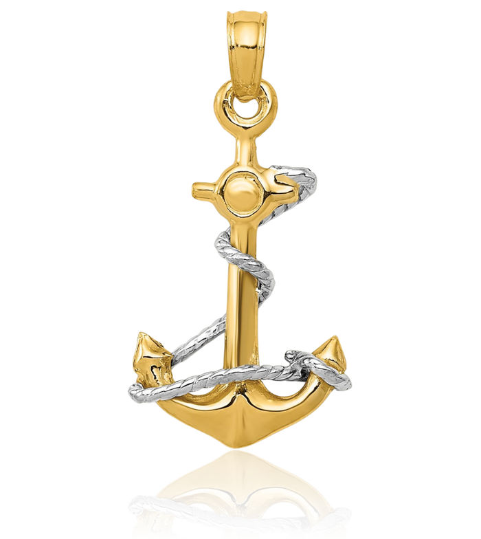 14K Solid Two Tone Gold Anchor Mariner Rope Necklace Nautical Charm Pendant