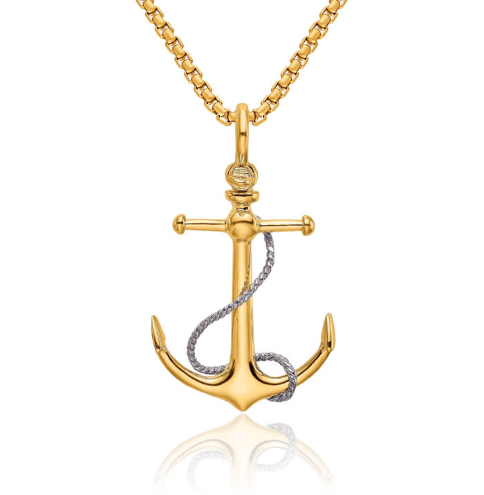 14K Solid Two Tone Gold Anchor Mariner T Bar Rope Shackle Necklace Nautical Charm Pendant