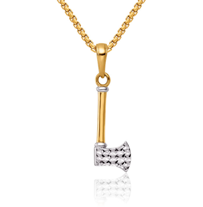 14K Solid Two Tone Yellow White Gold Axe Necklace Chain Pendant Charm