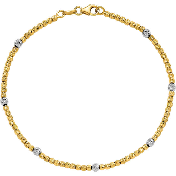 14K Solid Two Tone Gold White Beaded Ball Chain Bracelet