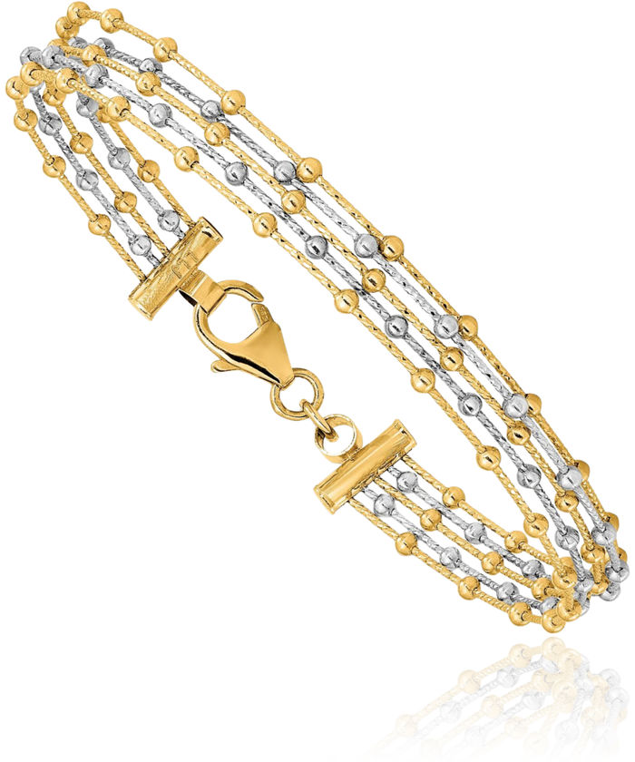 14K Solid Two Tone Gold Beaded Ball Multi Strand Wire Bangle Bracelet