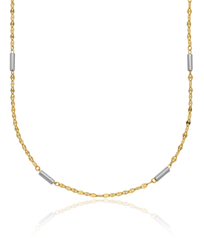 14K Solid Two Tone Gold Bar Links Chain Necklace