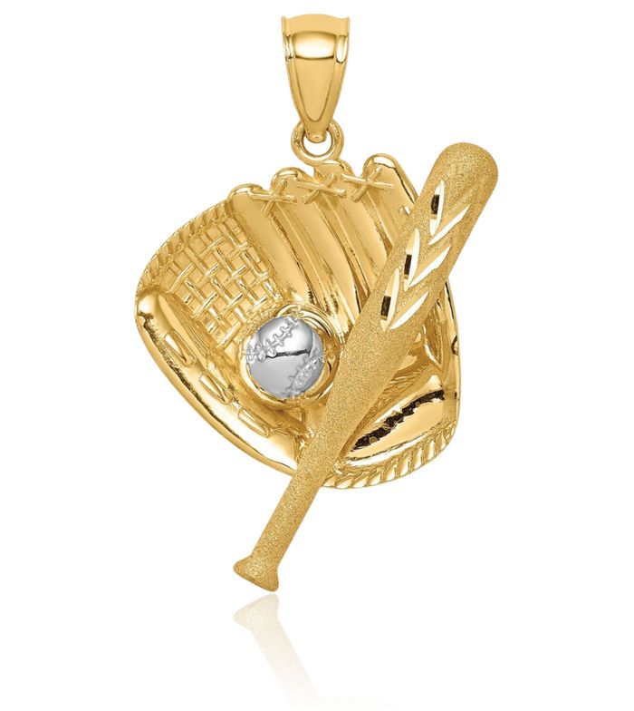 14K Solid Two Tone Yellow White Gold Baseball Bat Glove Ball Necklace Softball Charm Sports Pendant