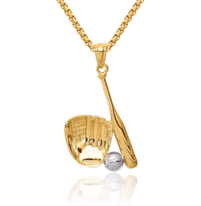 14K Solid Two Tone Yellow White Gold Baseball Glove Bat Ball Necklace Softball Charm Sports Pendant