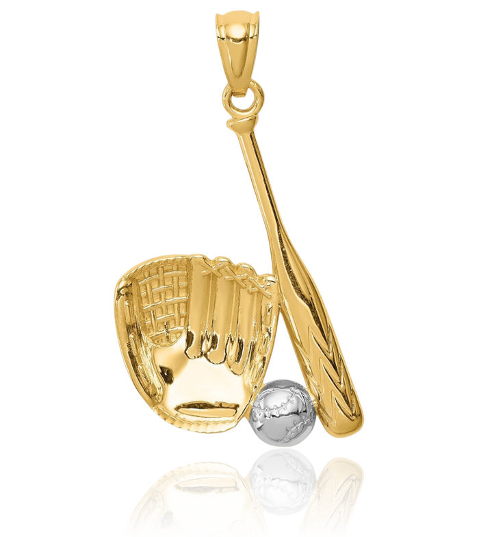 14K Solid Two Tone Yellow White Gold Baseball Glove Bat Ball Necklace Softball Charm Sports Pendant