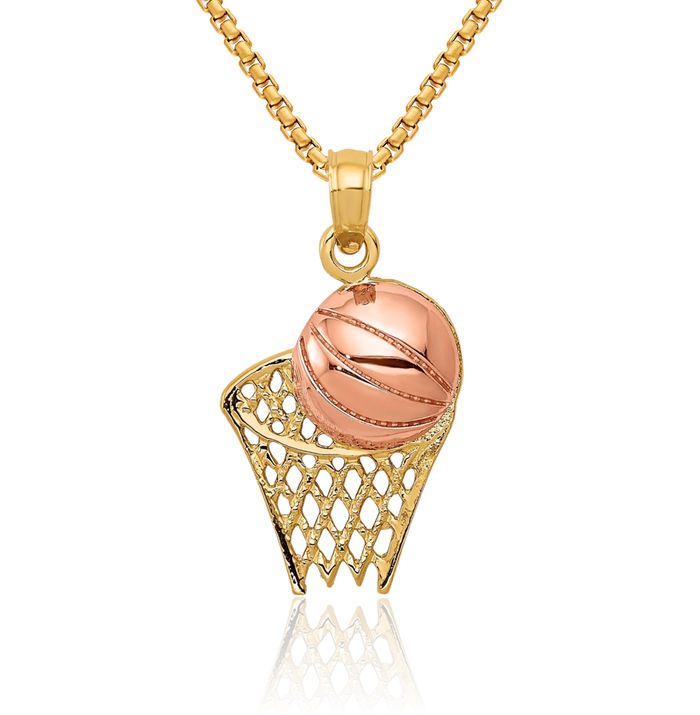 14K Solid Two Tone Gold Basketball Hoop Ball Necklace Charm Sports Pendant