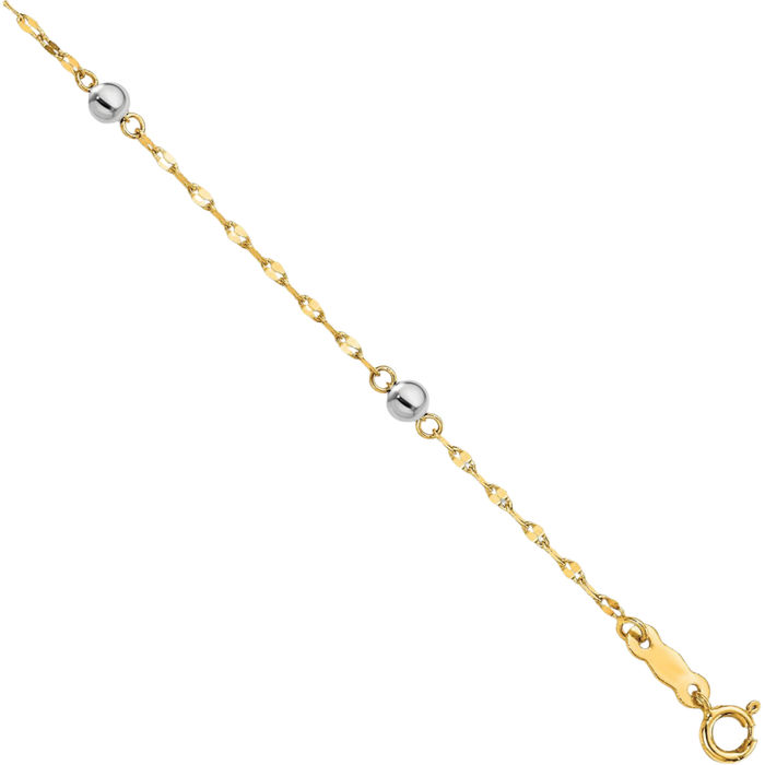 14K Solid Two Tone Gold Bead Chain Bracelet