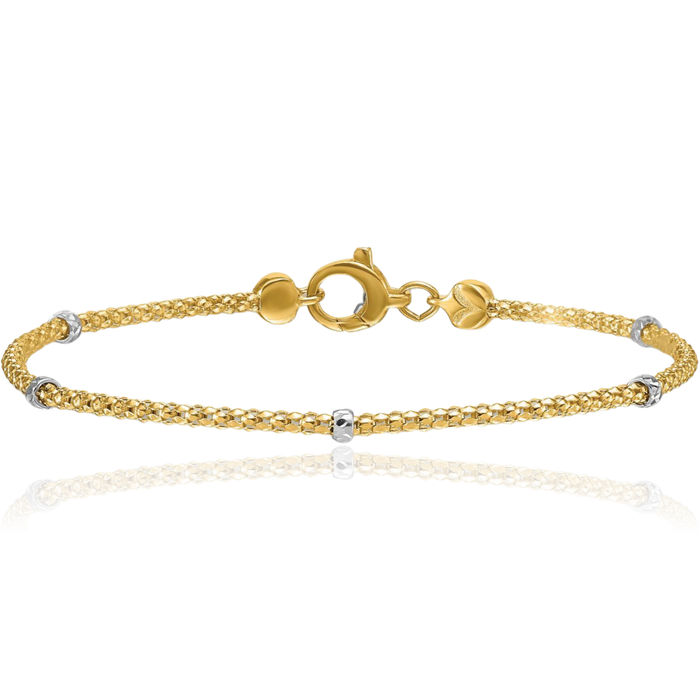 14K Solid Two Tone Gold White Bead Popcorn Link Chain Bracelet