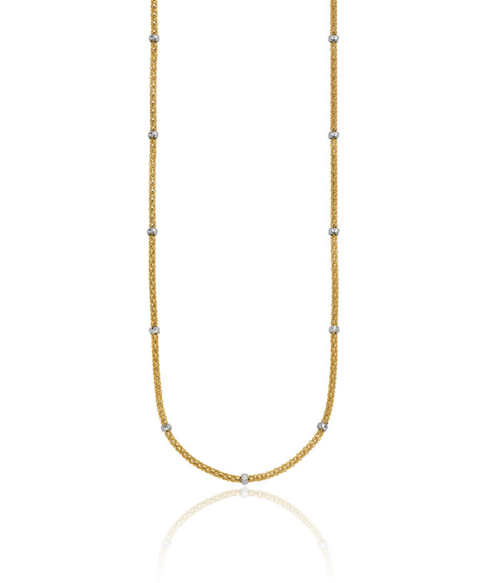 14K Solid Two Tone Gold White Bead Popcorn Link Chain Necklace