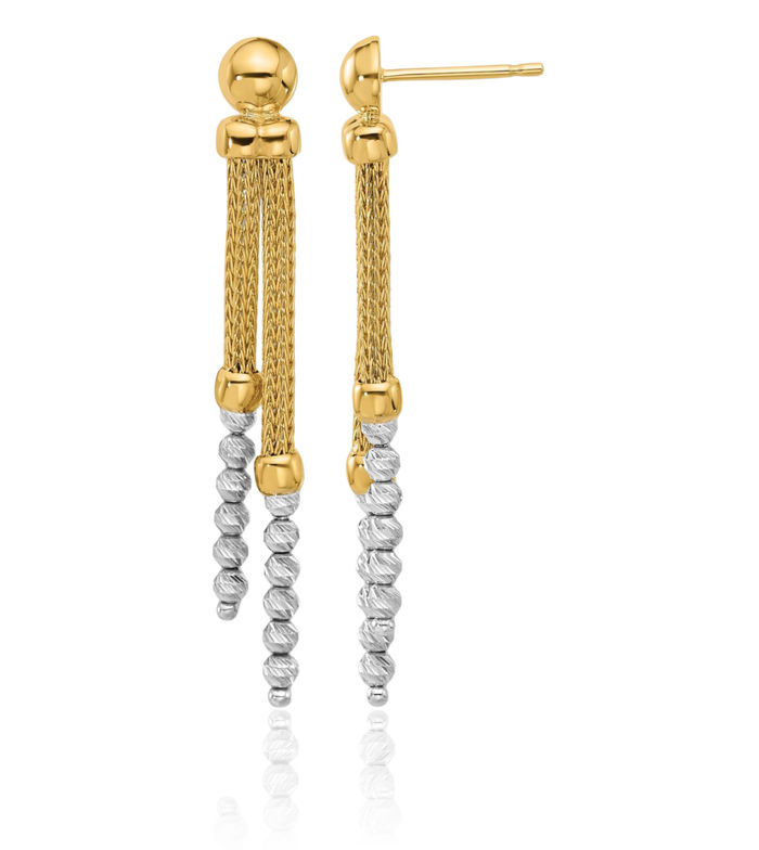 14K Solid Two Tone Gold Beaded Drop Dangle Earrings