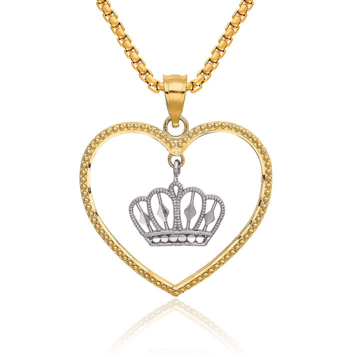 14K Solid Two Tone Yellow White Gold Beaded Heart Dangling Royal Princess Crown Necklace Chain Pendant Charm