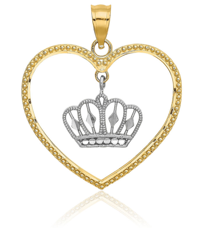 14K Solid Two Tone Yellow White Gold Beaded Heart Dangling Royal Princess Crown Necklace Chain Pendant Charm