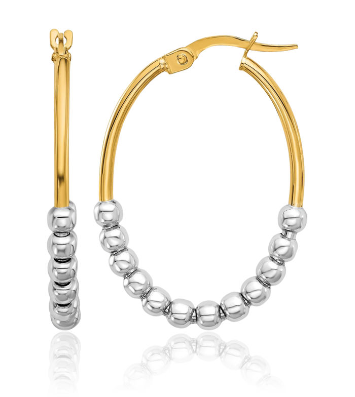 14K Solid Two Tone Gold Beaded Oval Medium Hoop Earrings