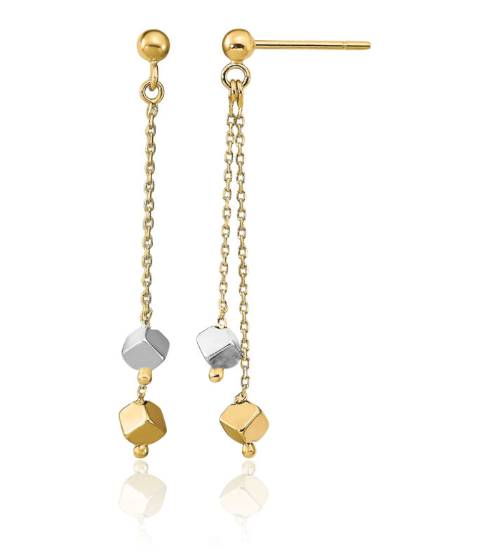 14K Solid Two Tone Gold Beaded Post Drop Dangle Earrings