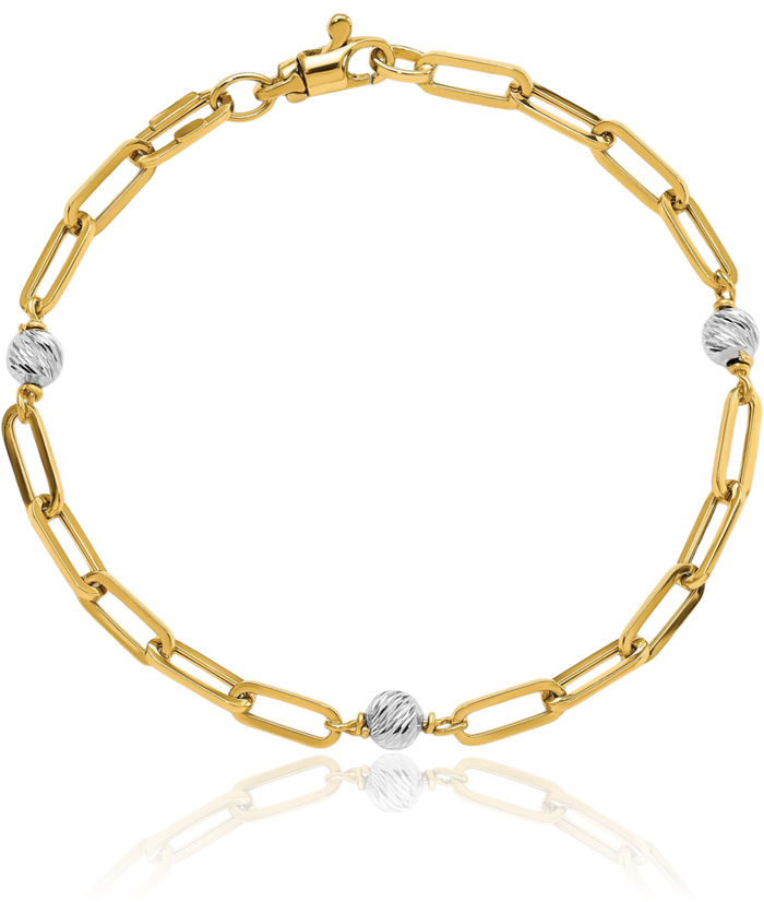 14K Solid Two Tone Gold Beads Link Chain Bracelet