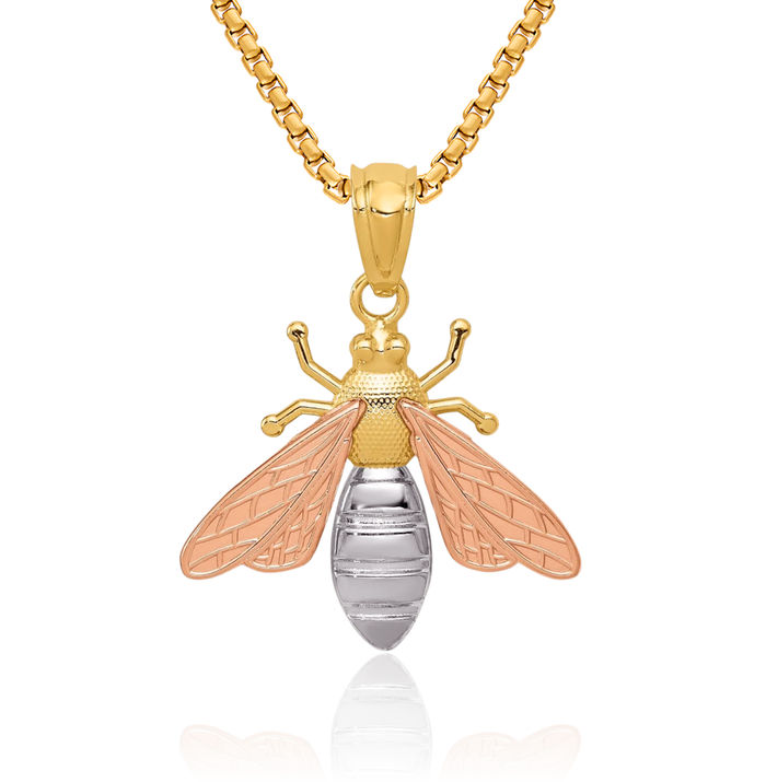 14K Solid Two Tone Gold White Queen Bumble Bee Necklace Honeybee Pendant Beekeeper Charm