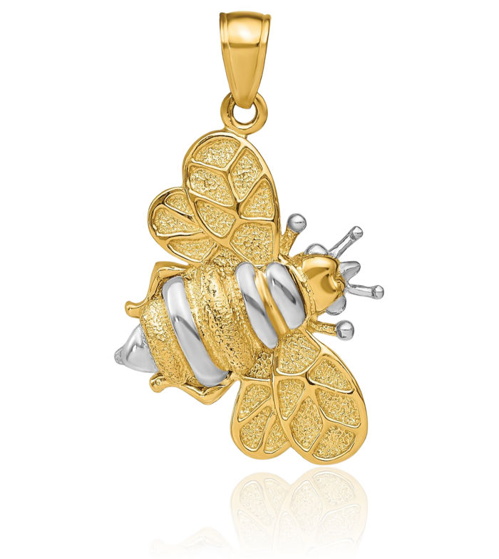 14K Solid Two Tone Yellow White Gold Queen Bumble Bee Necklace Honeybee Pendant Beekeeper Charm