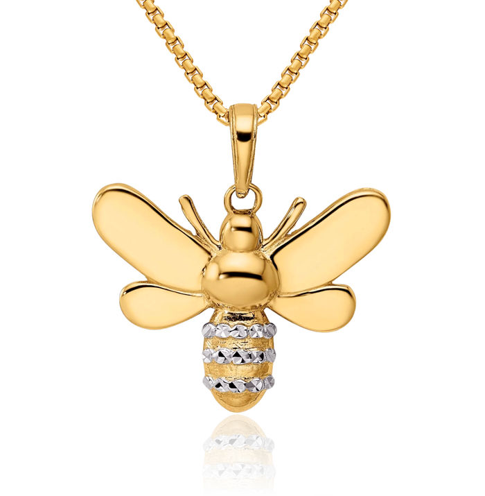 14K Solid Two Tone Yellow White Gold Queen Bumble Bee Necklace Honeybee Pendant Beekeeper Charm