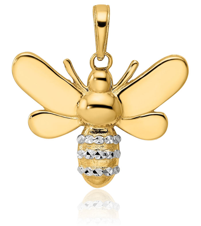 14K Solid Two Tone Yellow White Gold Queen Bumble Bee Necklace Honeybee Pendant Beekeeper Charm