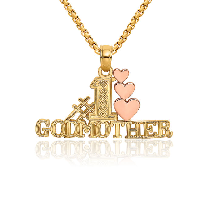 14K Solid Two Tone Gold Best Godmother Heart Necklace Love Pendant Charm