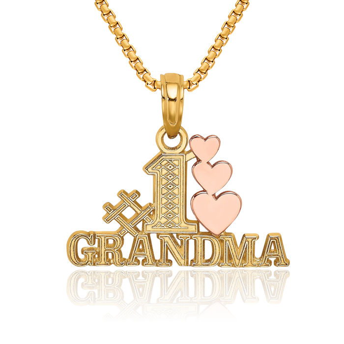 14K Solid Two Tone Gold Best Grandma 3 Heart Necklace Nana Charm Grandmother Pendant