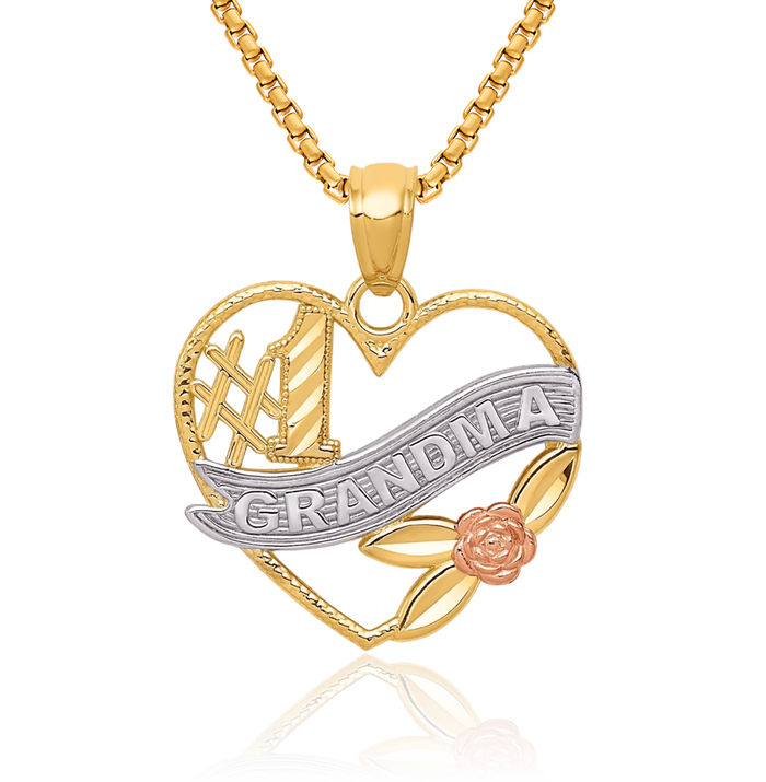 14K Solid Two Tone Gold White Best Grandma Heart Necklace Nana Charm Grandmother Pendant