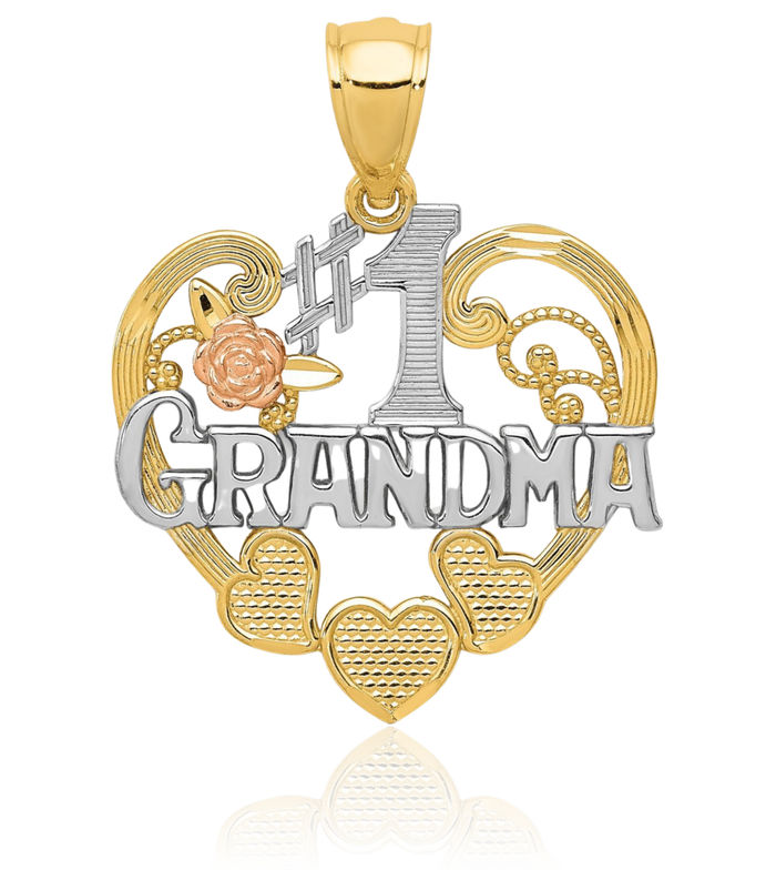 14K Solid Two Tone Gold White Best Grandma Heart Necklace Nana Charm Grandmother Pendant