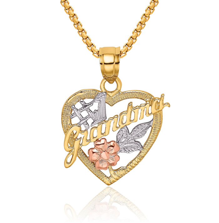 14K Solid Two Tone Gold White Best Grandma Heart Necklace Nana Charm Grandmother Pendant