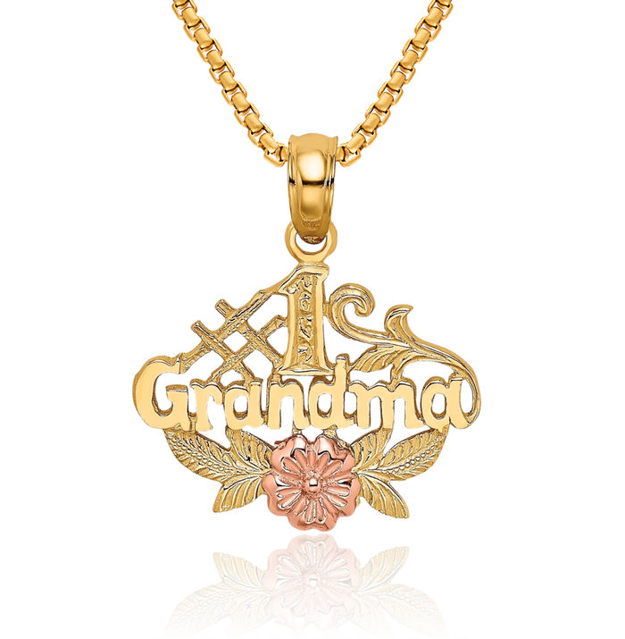 14K Solid Two Tone Gold Best Grandma Rose Flower Necklace Nana Charm Grandmother Pendant