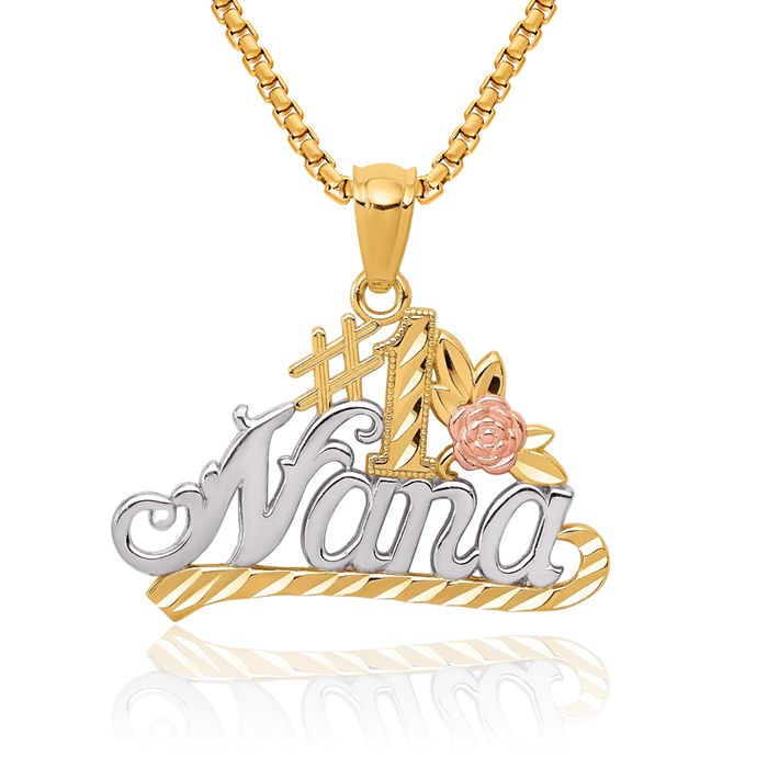 14K Solid Two Tone Gold White Best Grandma Rose Necklace Nana Charm Grandmother Pendant