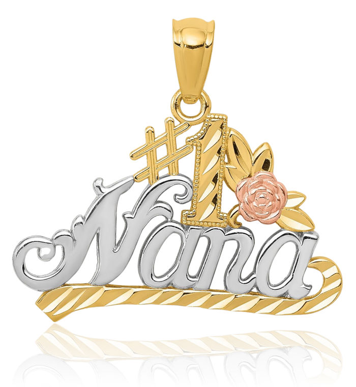 14K Solid Two Tone Gold White Best Grandma Rose Necklace Nana Charm Grandmother Pendant