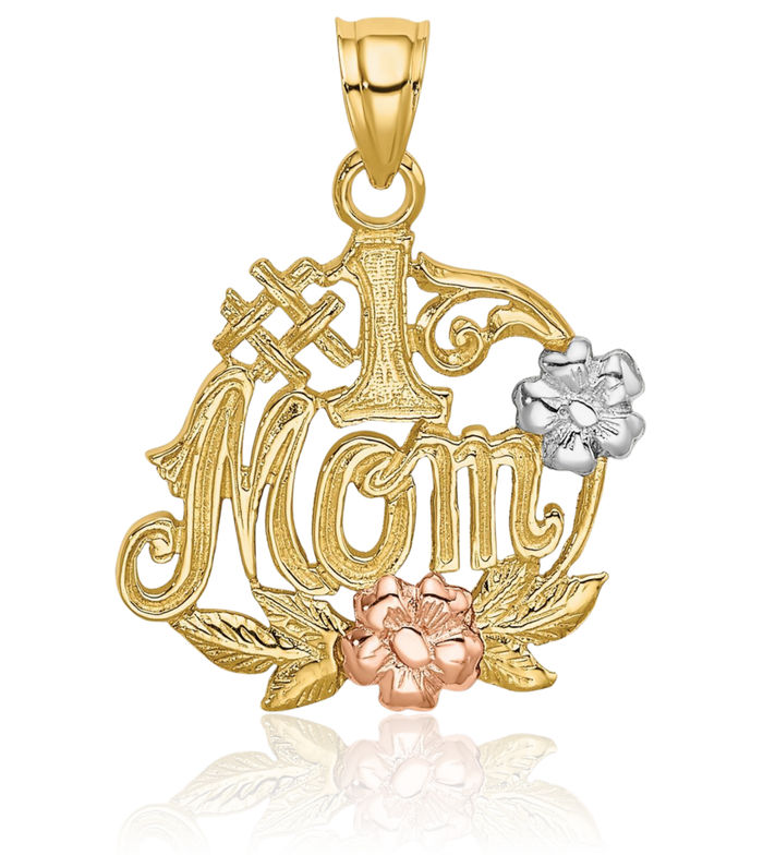 14K Solid Two Tone Gold White Best Mom Flower Necklace Mama Charm Mother Pendant