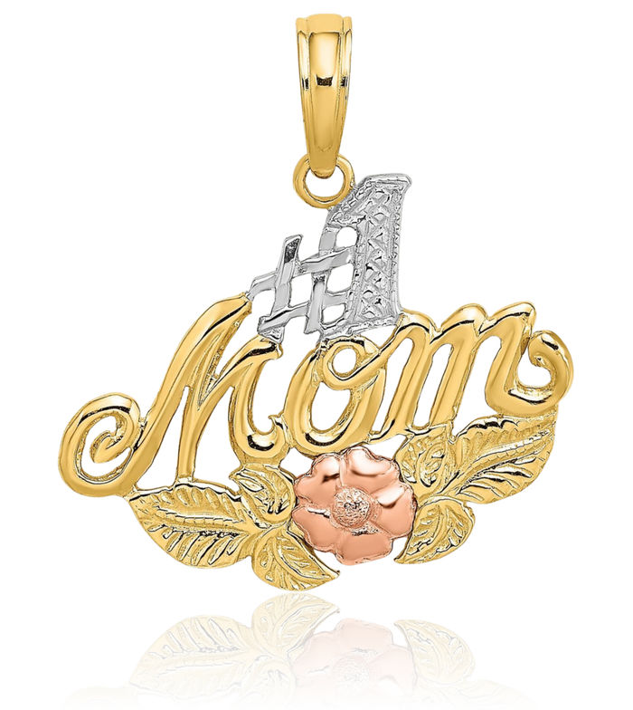 14K Solid Two Tone Gold White Best Mom Flower Necklace Mama Charm Mother Pendant
