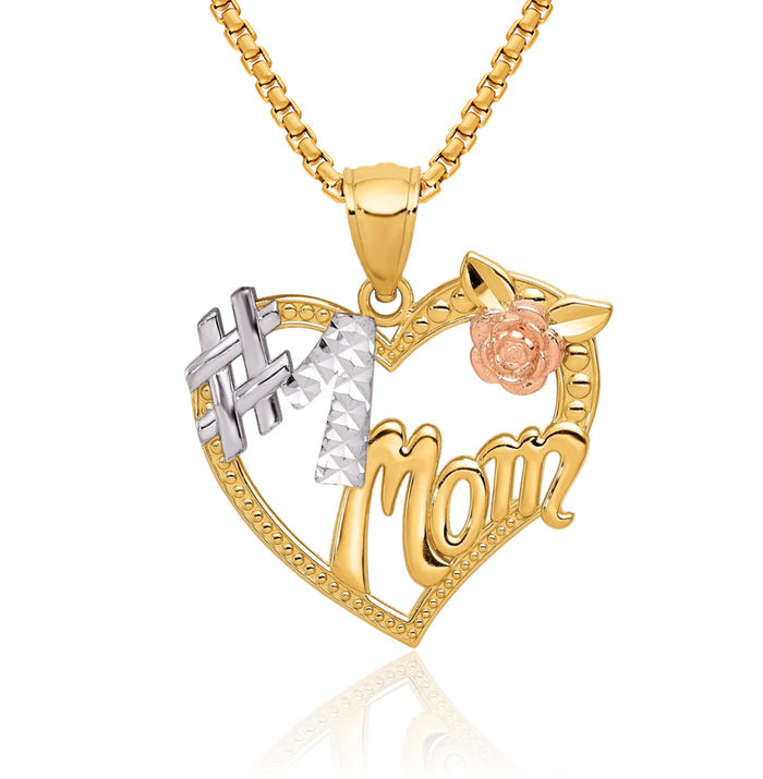 14K Solid Two Tone Gold White Best Mom Heart Necklace Mama Charm Mother Pendant