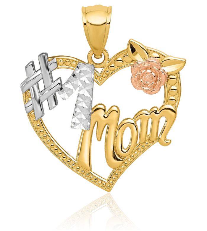 14K Solid Two Tone Gold White Best Mom Heart Necklace Mama Charm Mother Pendant