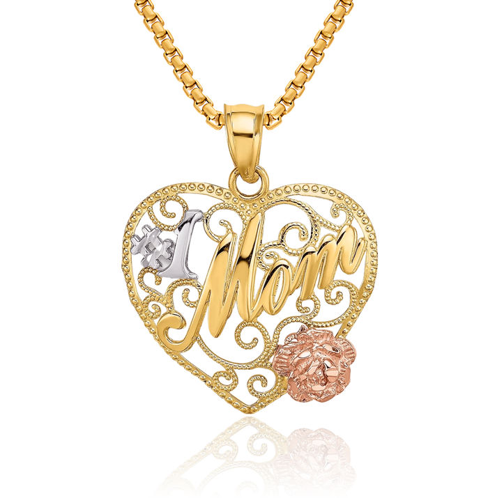 14K Solid Two Tone Gold White Best Mom Heart Necklace Mama Charm Mother Pendant