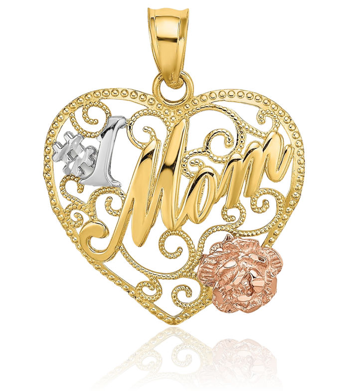 14K Solid Two Tone Gold White Best Mom Heart Necklace Mama Charm Mother Pendant