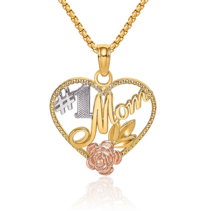 14K Solid Two Tone Gold White Best Mom Heart Necklace Mama Charm Mother Pendant